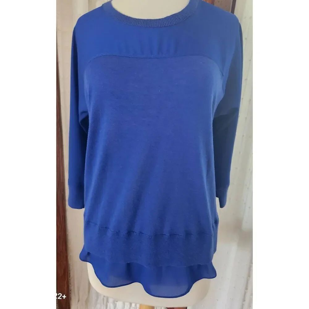 T53 Westbound feminine vibrant cobalt blue knit top sheer ruffle & Yoke detail